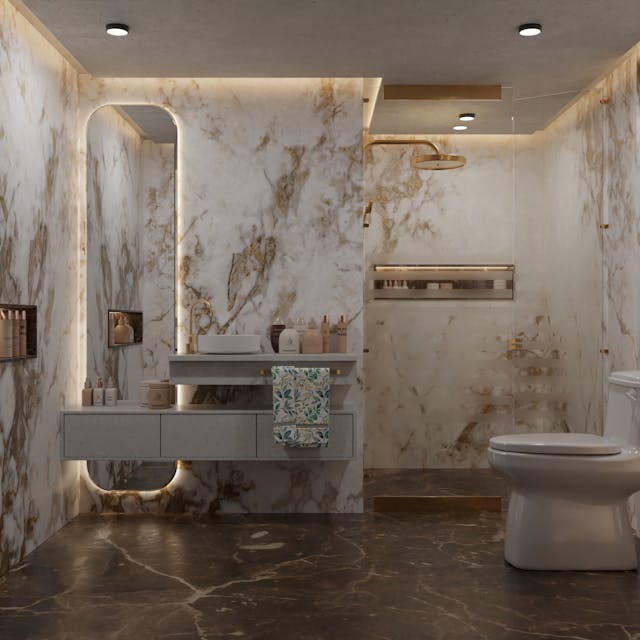 Luxurious Indian bathroom with marble walls and traditional fixtures