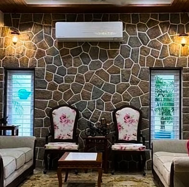 Interior feature wall with rustic stone cladding